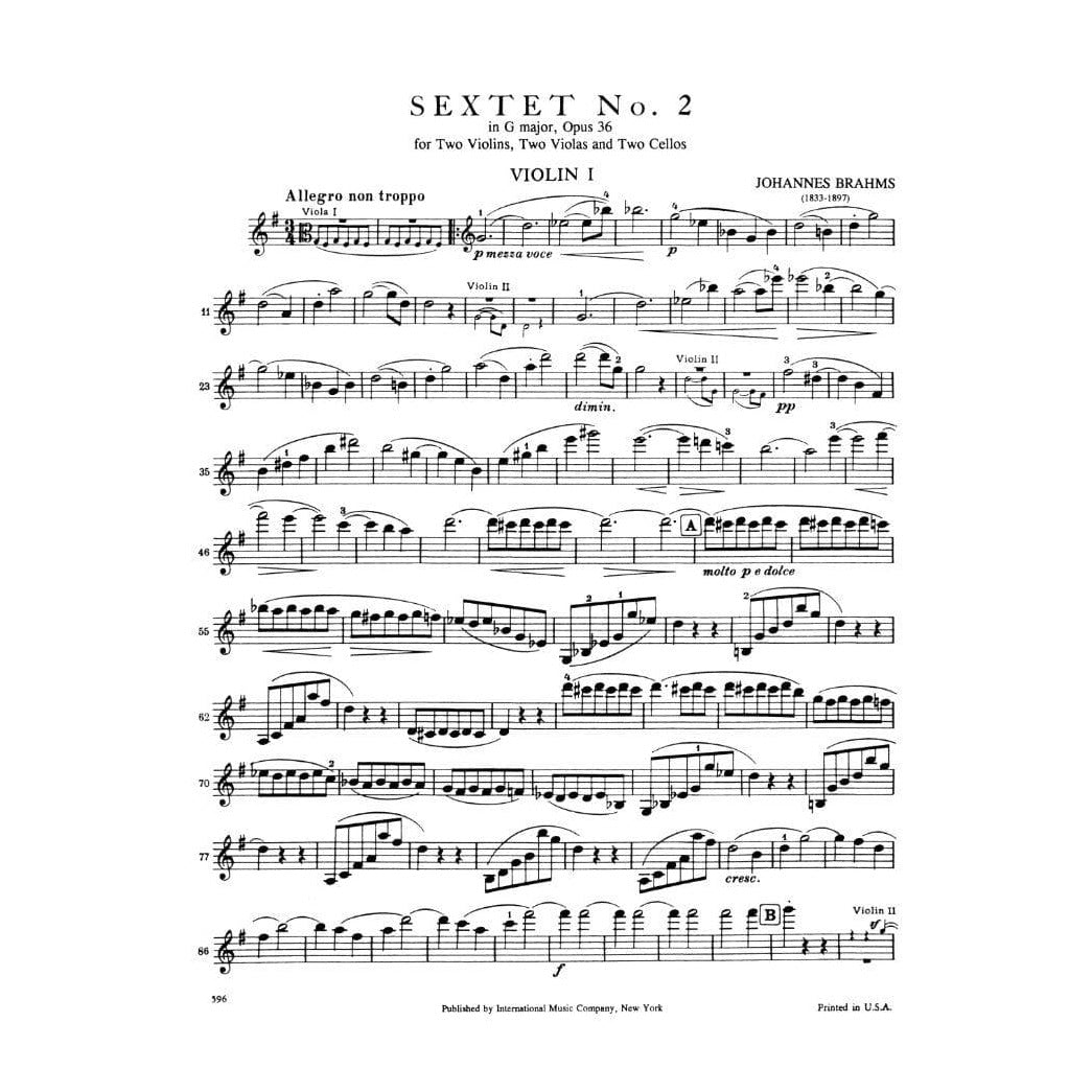 Brahms, Johannes - Sextet No 2 in G Major, Op 36 - Two Violins, Two Violas and Two Cellos - Set of Parts - International Music Company
