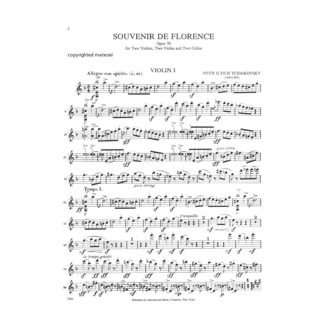 Tchaikovsky, Pyotr Ilyich - Souvenir de Florence Op 70, Parts For Two Violins, Two Violas, and Two Cellos Published by International Music Company