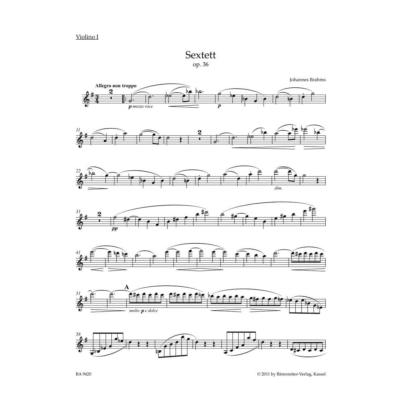 Brahms, Johannes - Sextet in G Major, Op 36 for 2 Violins, 2 Violas and 2 Cellos - edited by Christopher Hogwood - Bärenreiter
