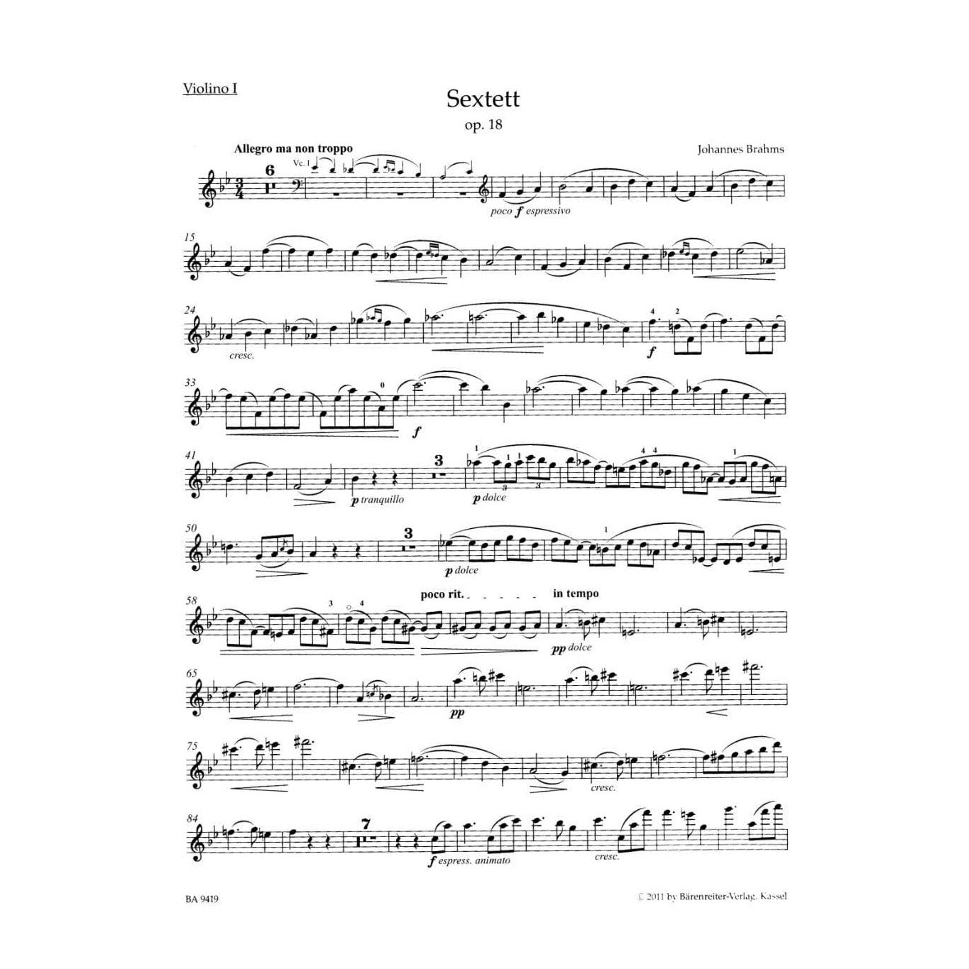 Brahms, Johannes - Sextet for 2 Violins, 2 Violas and 2 Violoncellos in B-Flat Major, Op 18 - edited by Christopher Hogwood - Bärenreiter