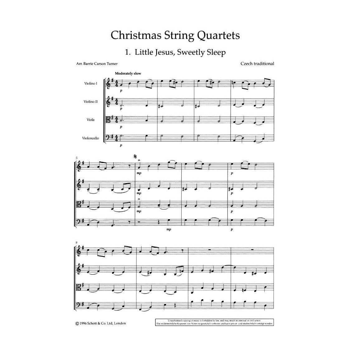 Turner, Barrie Carson - Christmas Quartets - 10 Christmas Carols for String Quartets -  Published by Schott Music