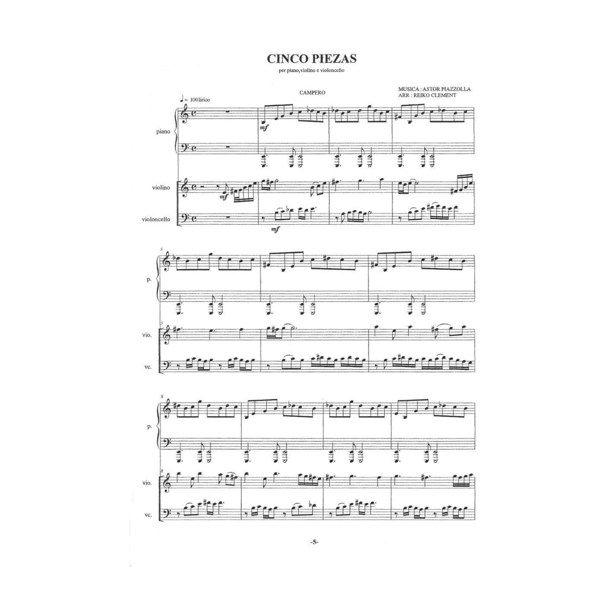 Piazzolla, Astor - Cinco Piezas (5 Pieces) - Violin, Cello, and Piano - Score and Parts - arranged by Reiko Clement - Bèrben Edition