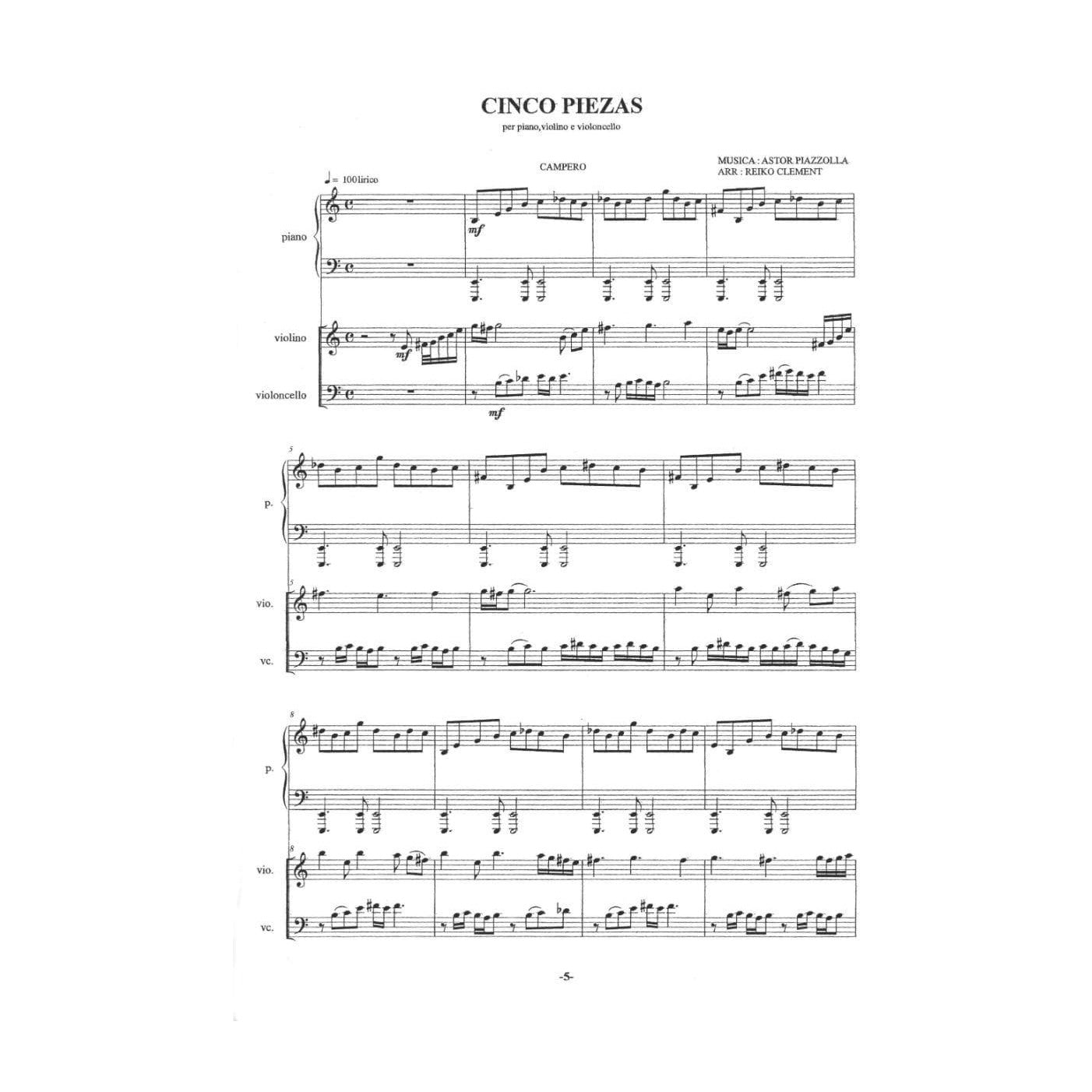 Piazzolla, Astor - Cinco Piezas (5 Pieces) - Violin, Cello, and Piano - Score and Parts - arranged by Reiko Clement - Bèrben Edition