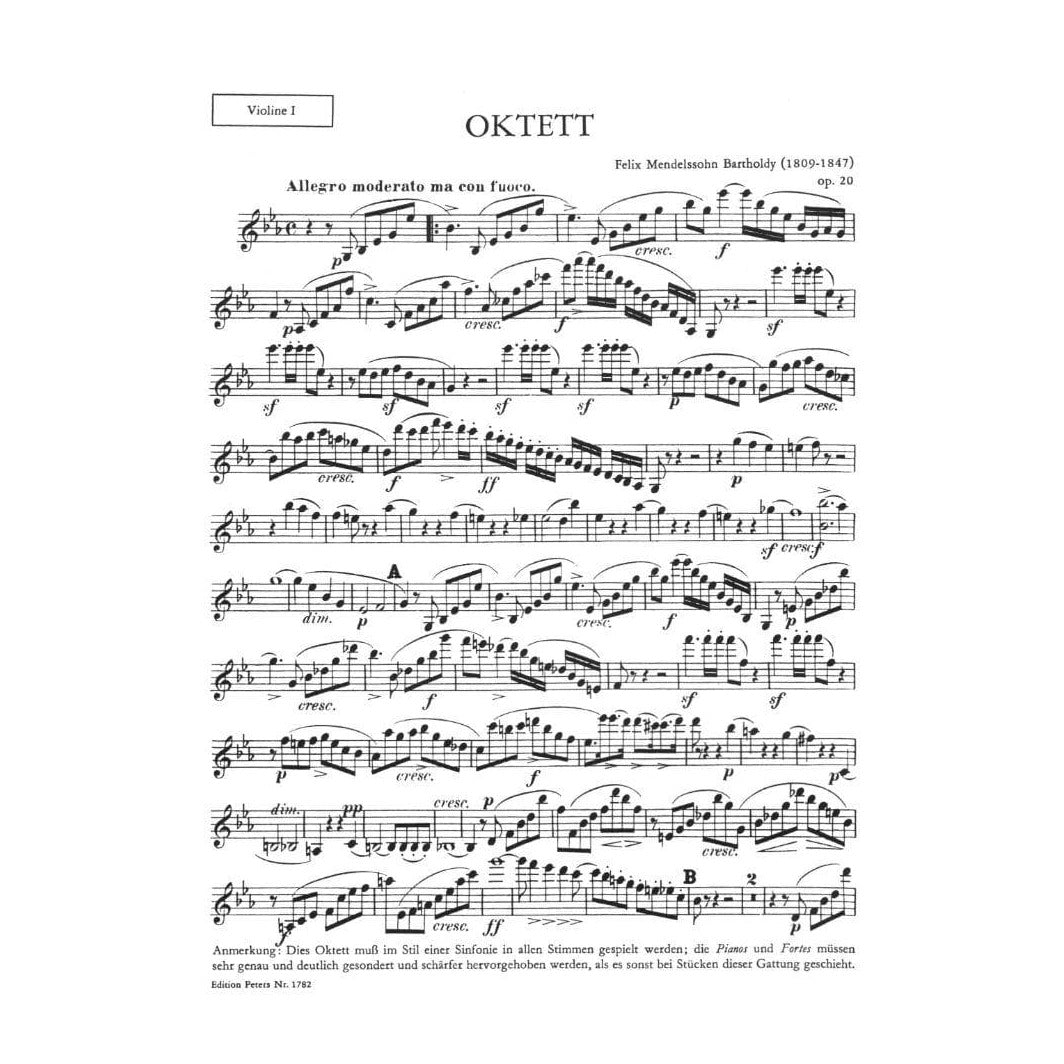 Mendelssohn, Felix - Octet in E-flat Major, Op 20 - Four Violins, Two Violas, and Two Cellos - Edition Peters
