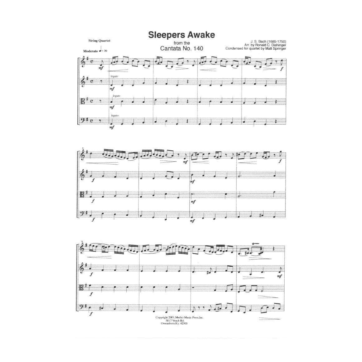 Bach, JS - Sleepers Awake from Cantata No 140 for Two Violins, Viola and Cello - Dishinger/Springer - Medici Music Press Publication