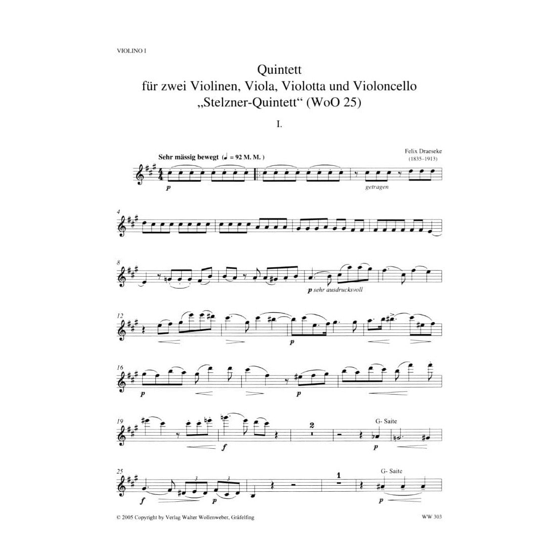 Draeseke, Felix - Quintet in A major, WoO 25 ("Stelzner-Quintett") - Two Violins, Viola, Violotta, and Cello - edited by Udo R Follert - Verlag Walter Wollenweber