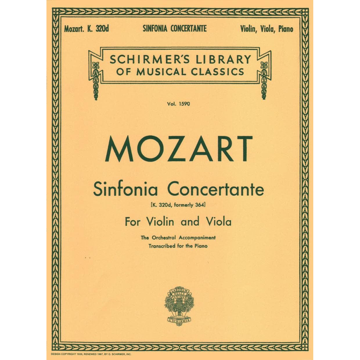 Mozart, WA - Sinfonia Concertante, K 364 - Violin, Viola and Piano - G Schirmer Edition