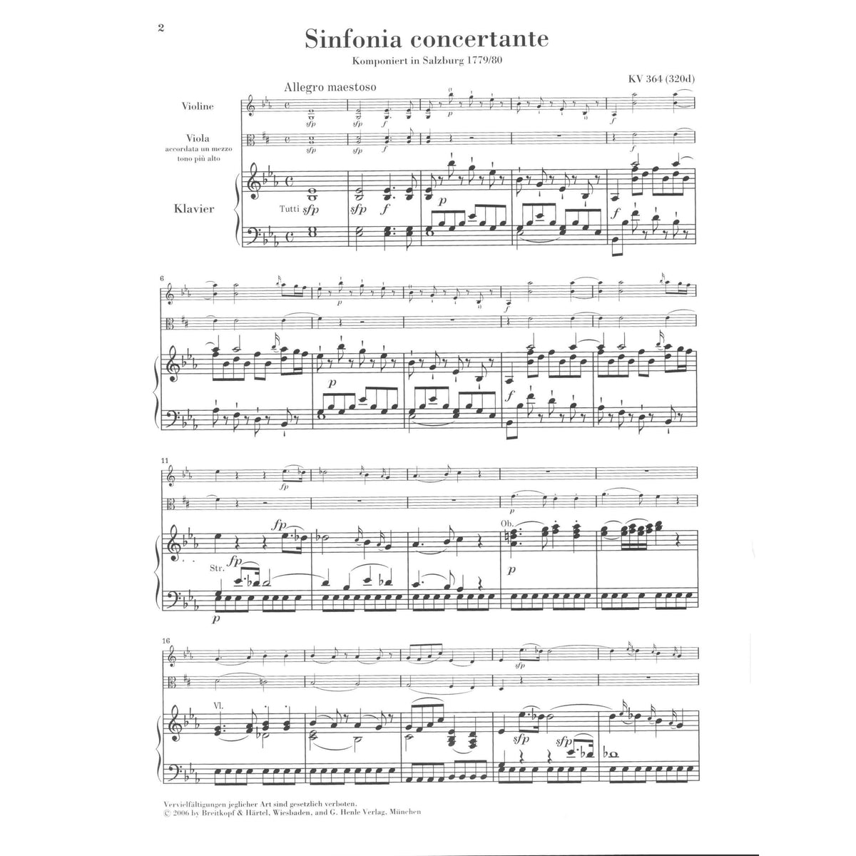 Mozart, WA - Sinfonia Concertante in E-flat Major, K 364 - Violin and Viola with Piano - edited by Wolf-Dieter Seiffert - G Henle Verlag URTEXT