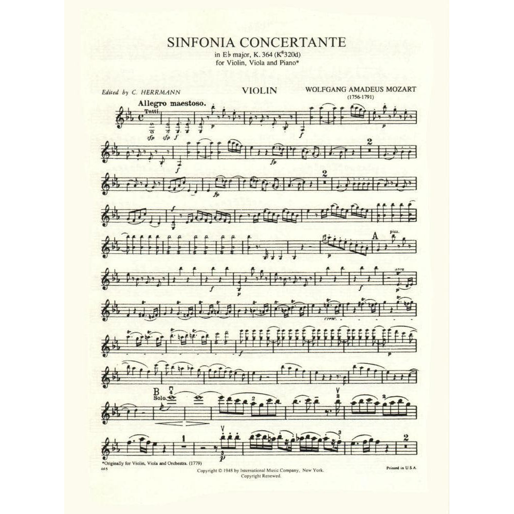 Mozart, WA - Symphonie Concertante in E-flat Major, K 364 - Violin and Viola with Piano - edited by Joseph Hellmesberger - International Music Co