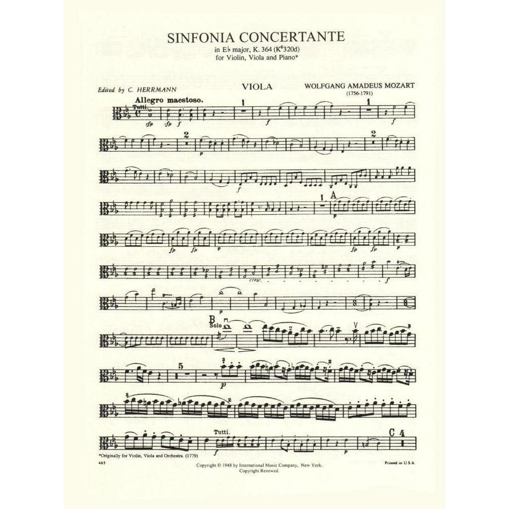 Mozart, WA - Symphonie Concertante in E-flat Major, K 364 - Violin and Viola with Piano - edited by Joseph Hellmesberger - International Music Co