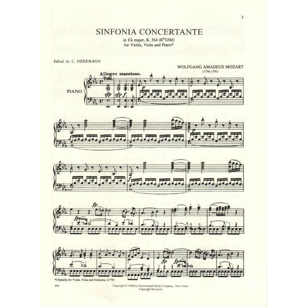 Mozart, WA - Symphonie Concertante in E-flat Major, K 364 - Violin and Viola with Piano - edited by Joseph Hellmesberger - International Music Co