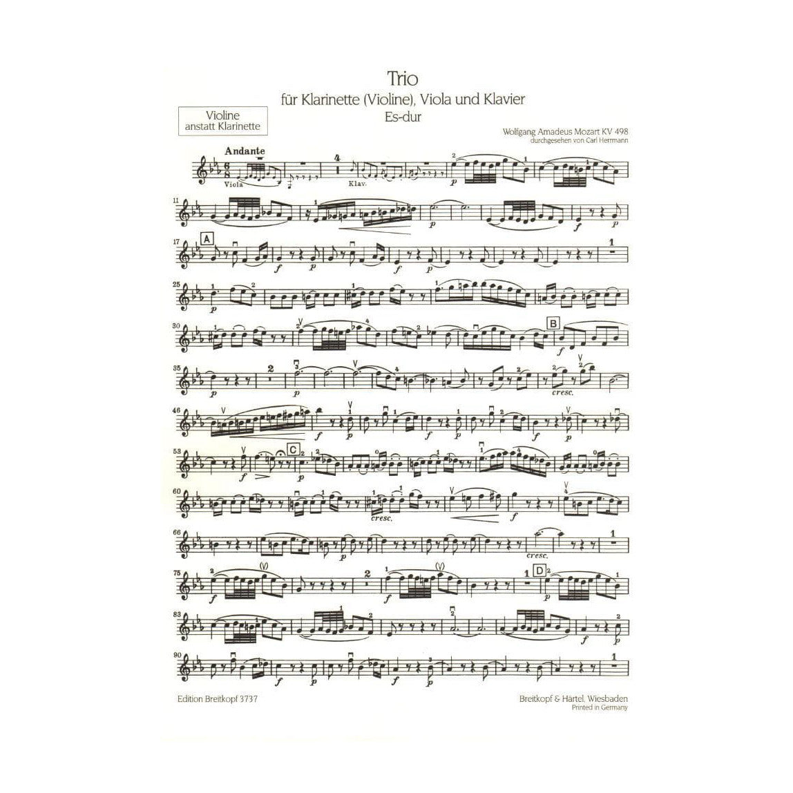 Mozart, WA - Trio in E-flat Major, K 498 ("Kegelstatt") - Clarinet (or Violin), Viola, and Piano - Breitkopf & Härtel Edition