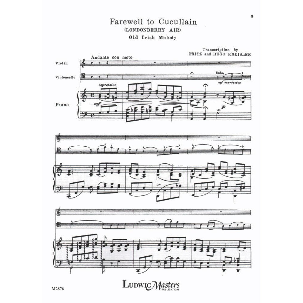 Kreisler, Fritz - Farewell to Cucullain (Londonderry Air) - Violin, Cello, and Piano - transcribed by Fritz and Hugo Kreisler - Masters Music Publications