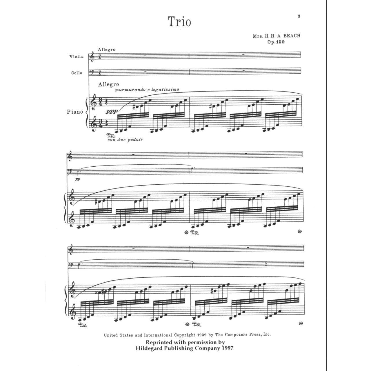 Beach, Amy - Piano Trio Op 150 for Violin, Cello and Piano - Hildegard Publication