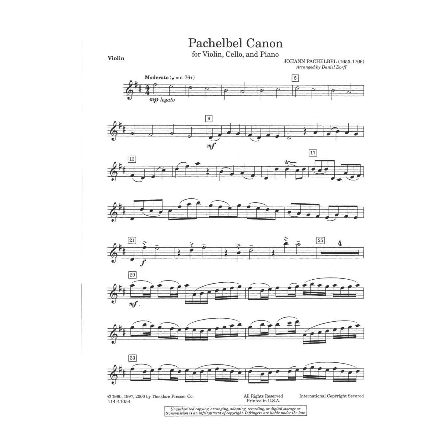 Pachelbel, Johann - Canon for Piano Trio Violin, Cello, and Piano Arranged by Daniel Dorff Published by Theodore Presser Company