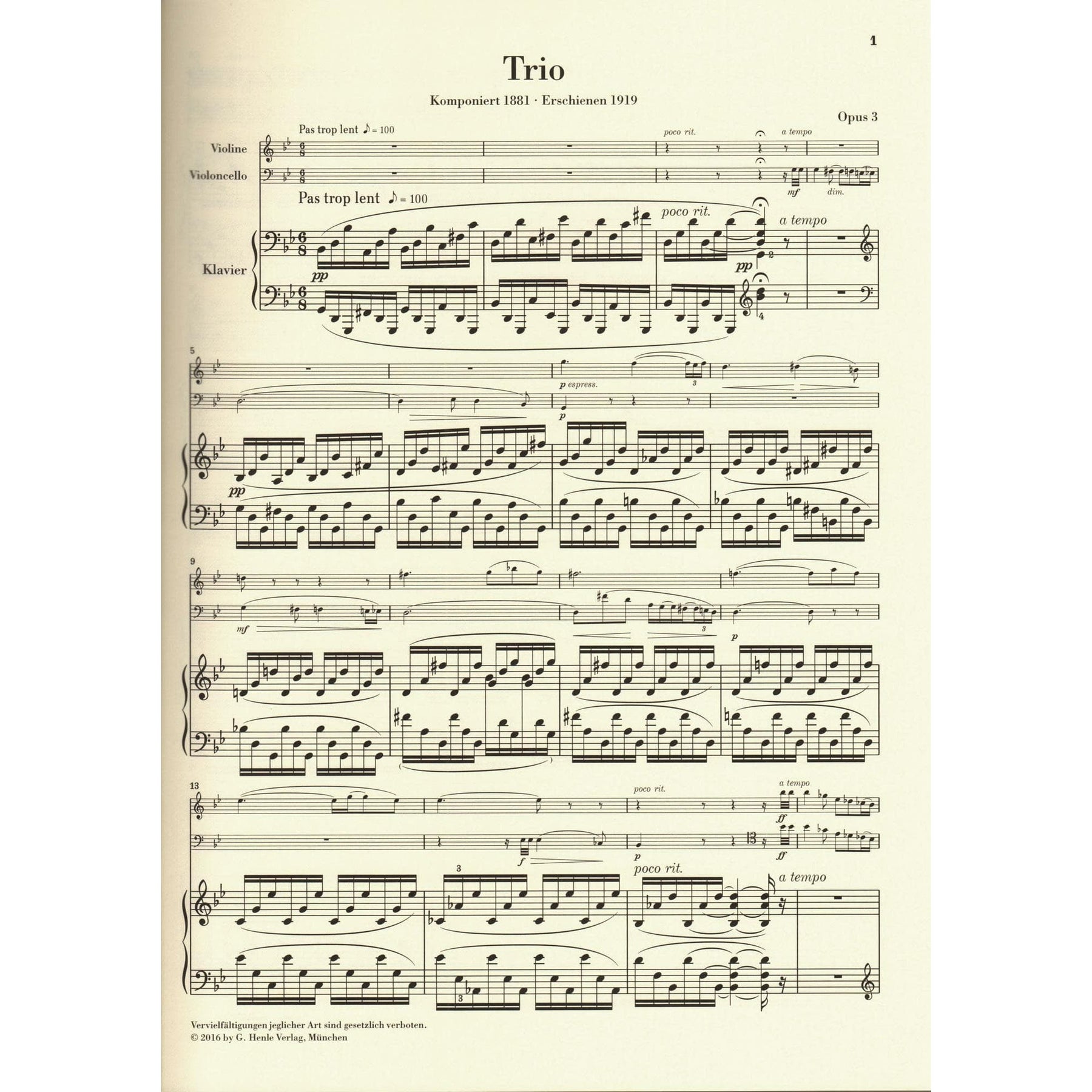 Chausson, Ernest - Piano Trio in G minor, Opus 3 - for Violin, Cello, and Piano - Edited by Peter Jost and Klaus Schilde - G Henle URTEXT