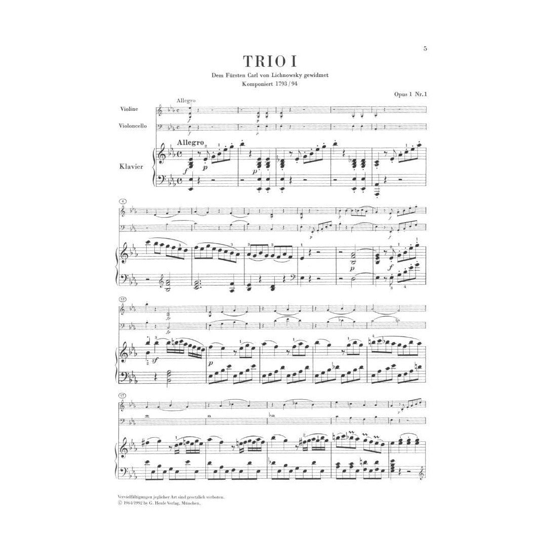 Beethoven, Ludwig - Piano Trios Volume 1 for Violin, Cello and Piano - Henle Verlag URTEXT Edition