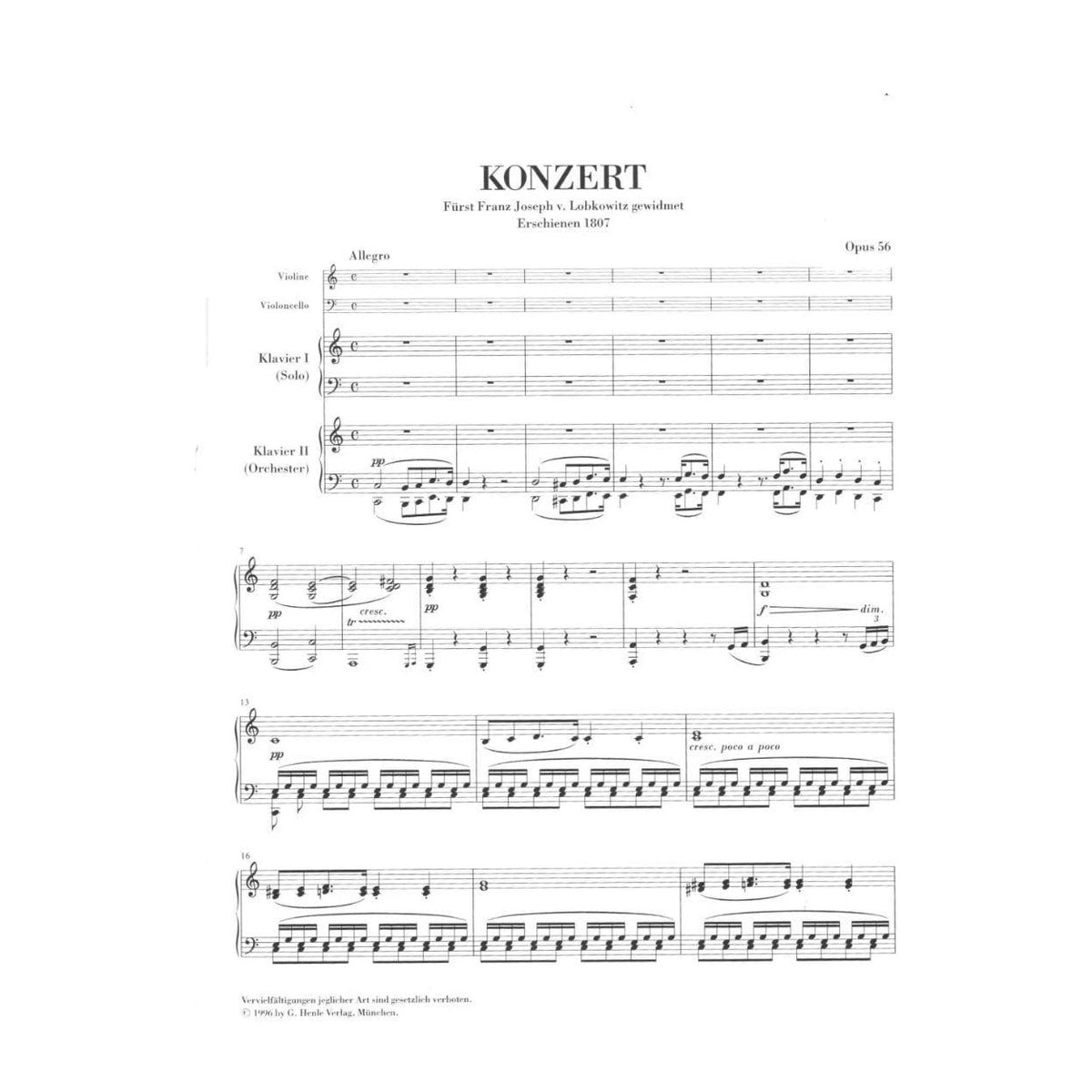 Beethoven, Ludwig - Triple Concerto in C Major Op 56 for Violin, Cello and Piano - Henle Verlag URTEXT Edition