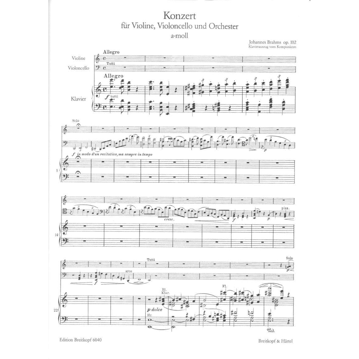 Brahms, Johannes - Double Concerto in a minor Op 102 for Violin, Cello and Piano -  Breitkopf and Haertel Edition