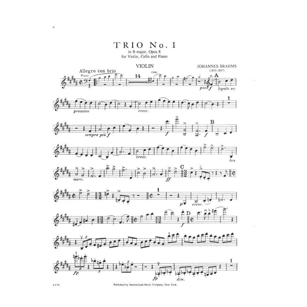 Brahms, Johannes - Piano Trio No 1 in B Major Op 8 for Violin, Cello and Piano - International Edition