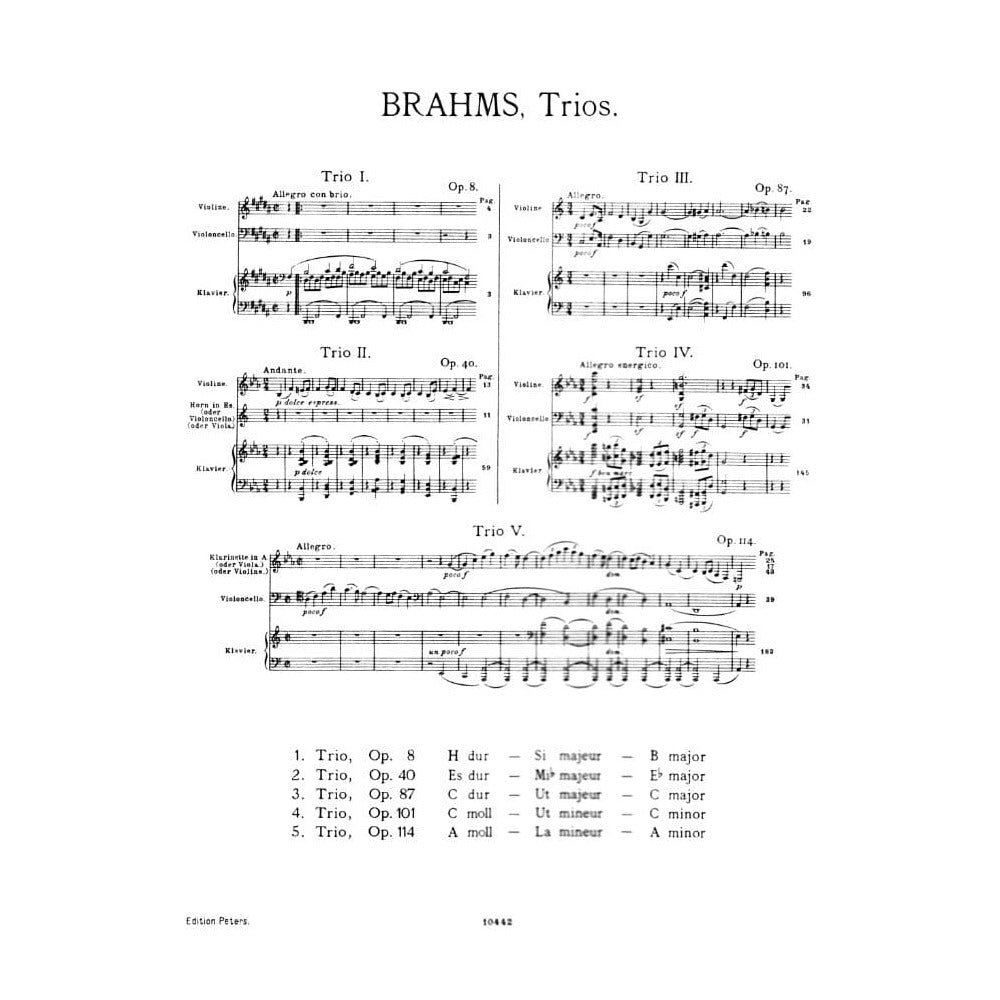 Brahms, Johannes - Piano Trio No 1 in B Major Op 8 Set of Parts for Violin, Cello and Piano - Arranged by Schumann - Peters Edition
