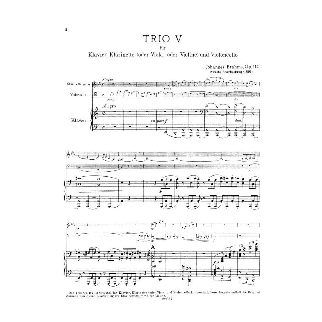 Brahms, Johannes - Clarinet Trio in a minor, Op 114  - Clarinet (Violin or Viola), Cello and Piano - edited by Georg Schumann - Edition Peters