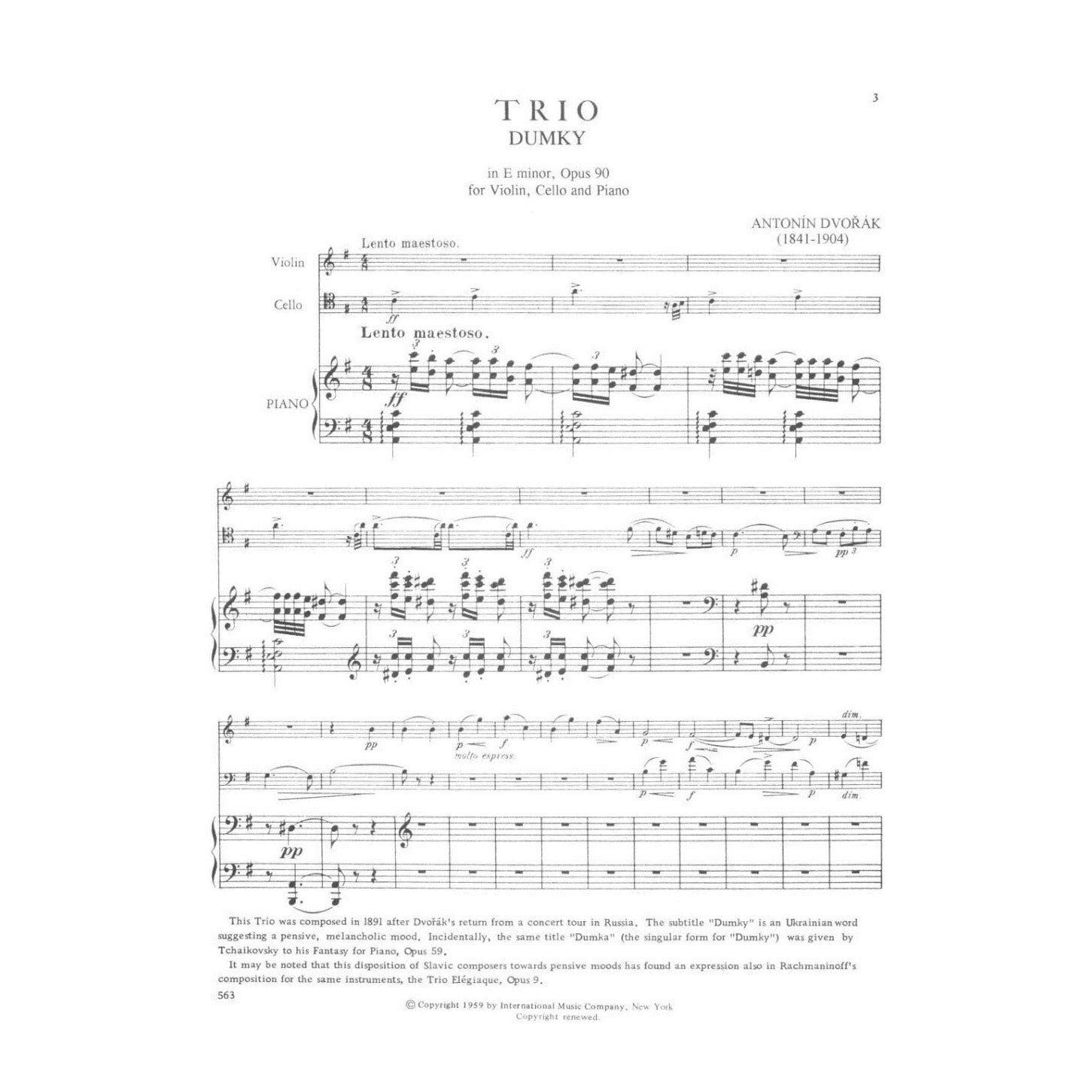 Dvorák, Antonín - Piano Trio in e minor, Op 90 ("Dumky") - Violin, Cello, and Piano - International Edition