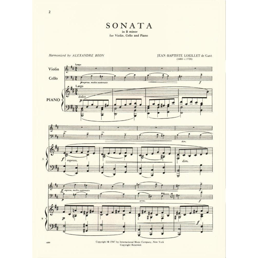 Loeillet, Jean-Baptiste (de Gant) - Sonata in b minor - Violin, Cello, and Piano - edited by Alexandre Beon - International Music Co