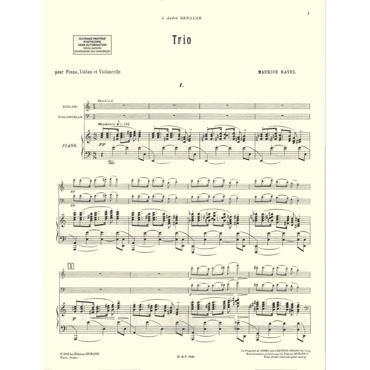 Ravel, Maurice - Piano Trio (1914) For Violin Cello and Piano Published by Editions Durand