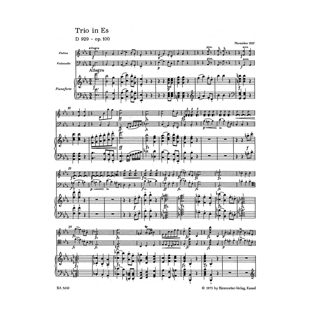 Schubert, Franz - Piano Trio No 2 in E-flat, Op 100, D 929 URTEXT Published by Barenreiter