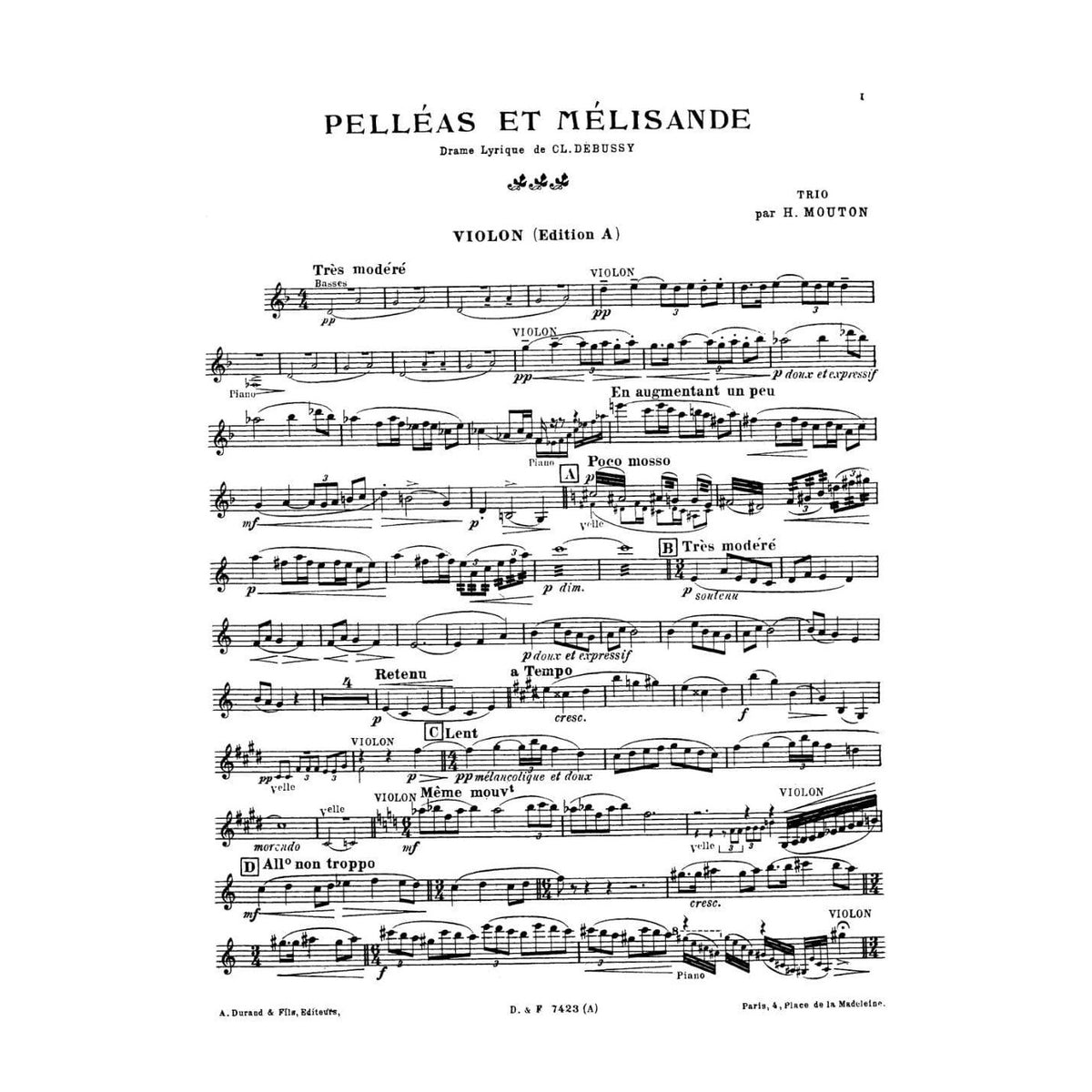Debussy, Claude - Pelleas et Melisande, Arranged by H Mouton for Piano Trio (Violin, Cello, Piano), with optional Clarinet and Bass parts Published by Lauren Publications