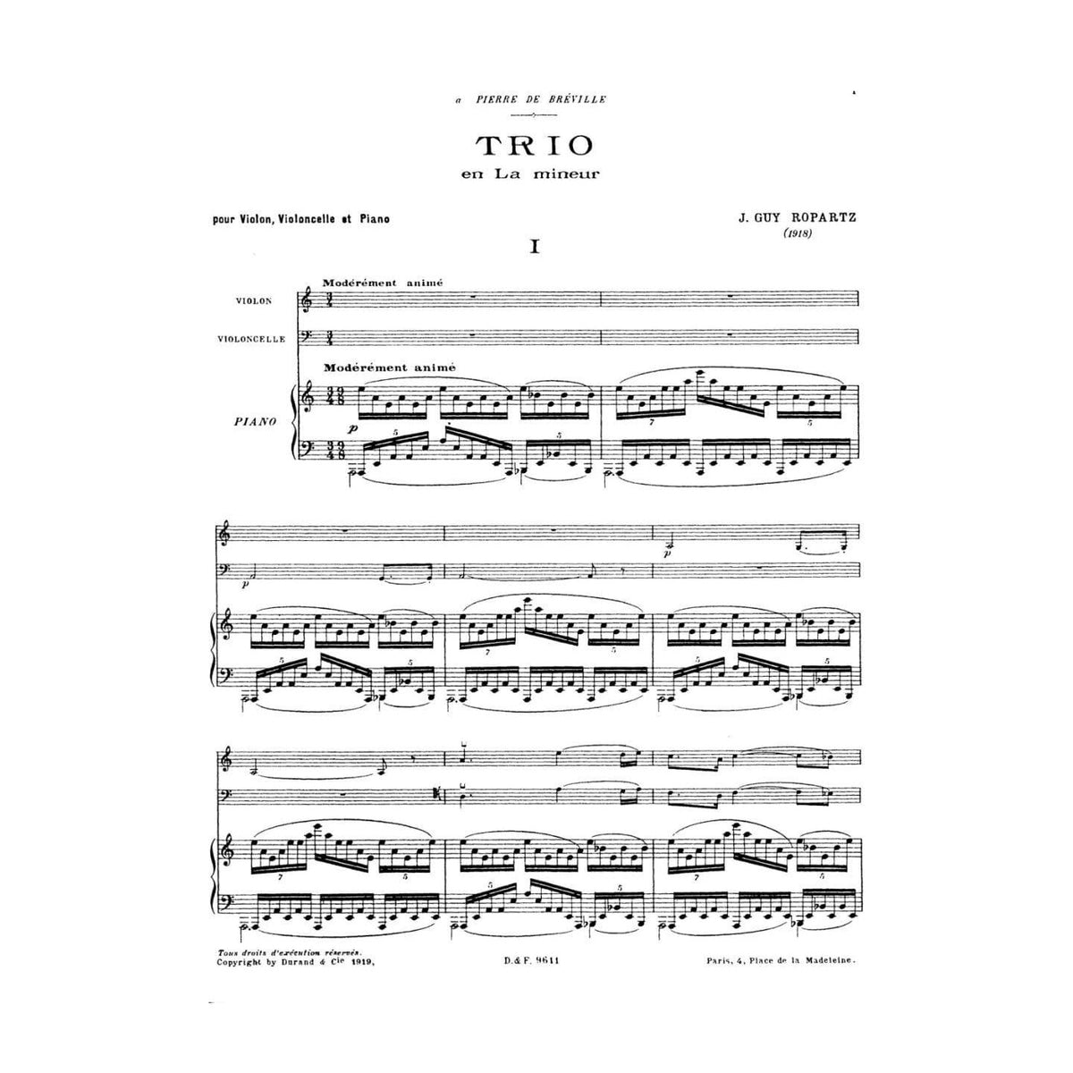 Ropartz, J Guy - Trio in a minor (1918) - Violin, Cello, and Piano - Lauren Publications