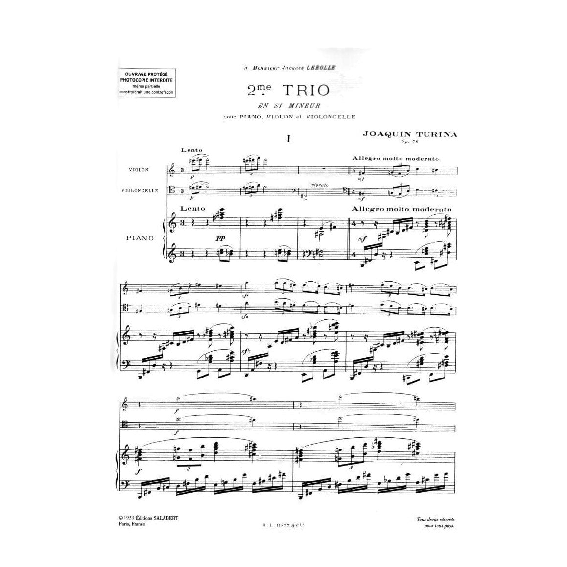 Turina - Piano Trio No 2 in b minor Op 76 For Violin Cello and Piano Published by Editions Salabert