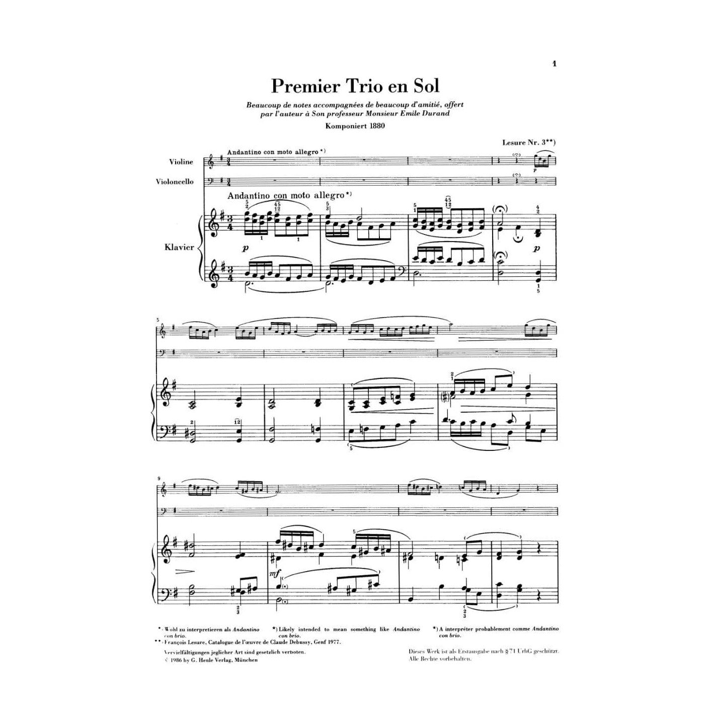Debussy, Claude - Trio In G Major for Violin, Cello, and Piano - Edited by Ellwood Derr - G Henle Verlag URTEXT