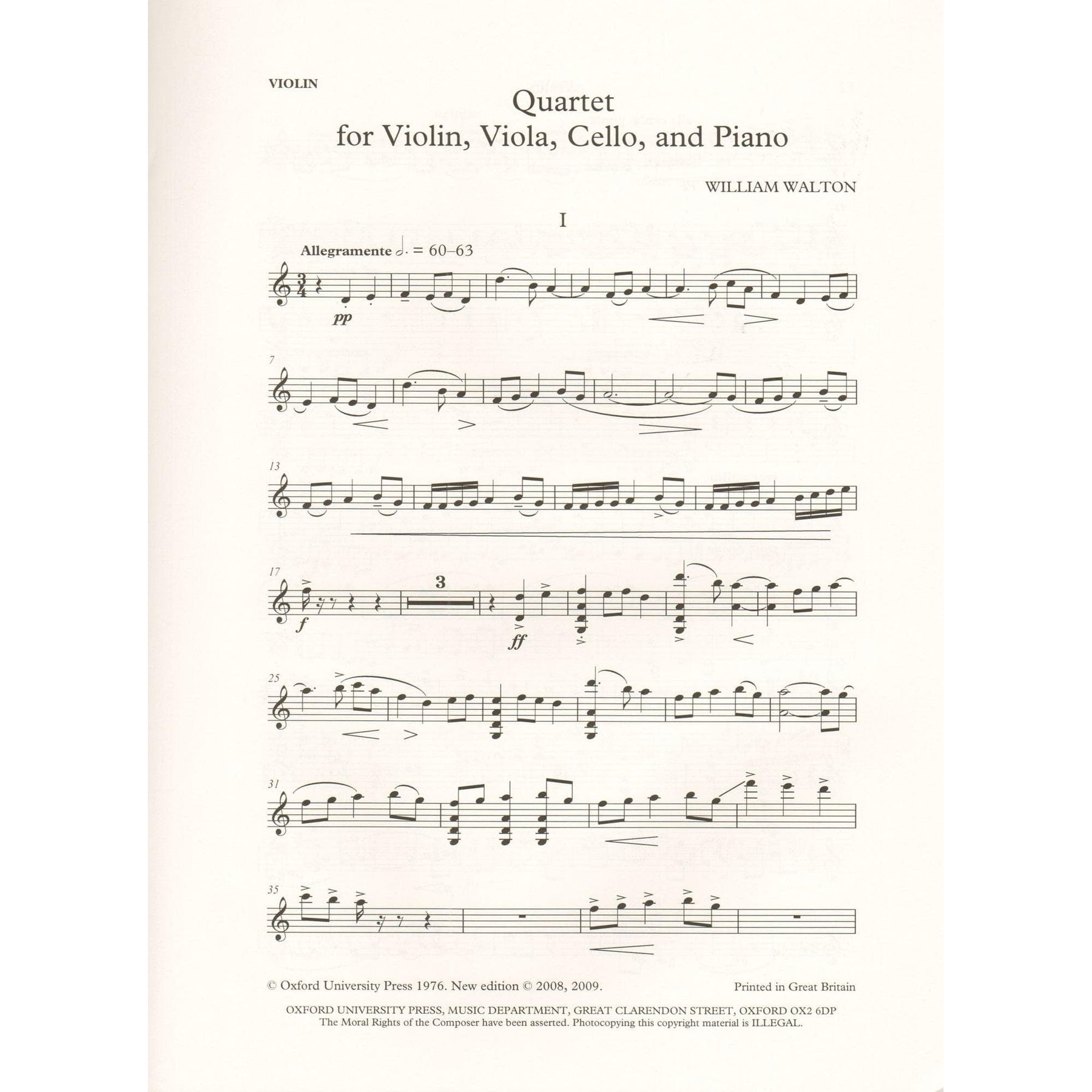 Walton, William - Quartet for Violin, Viola, Cello, and Piano - edited by Hugh MacDonald - Oxford University Press