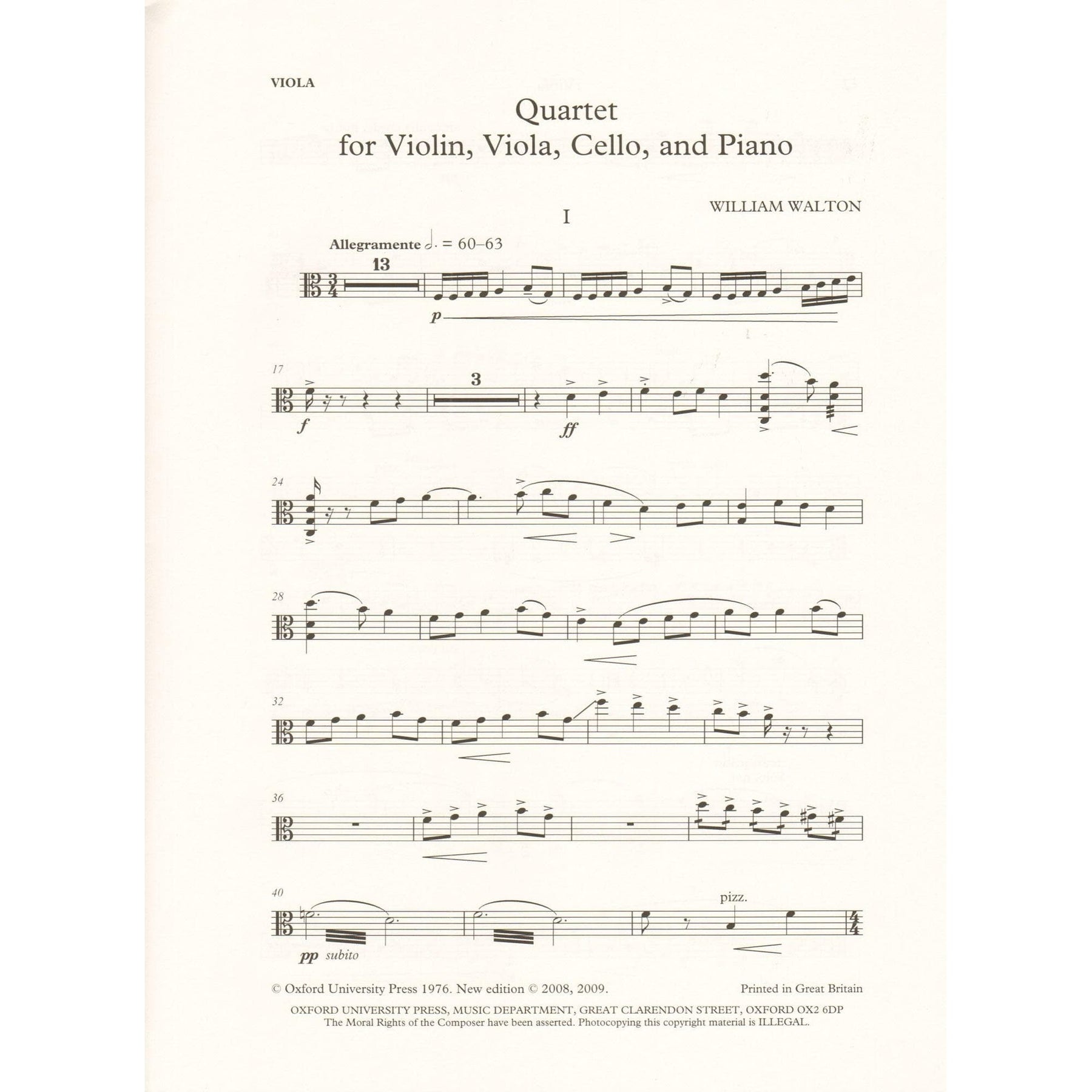 Walton, William - Quartet for Violin, Viola, Cello, and Piano - edited by Hugh MacDonald - Oxford University Press