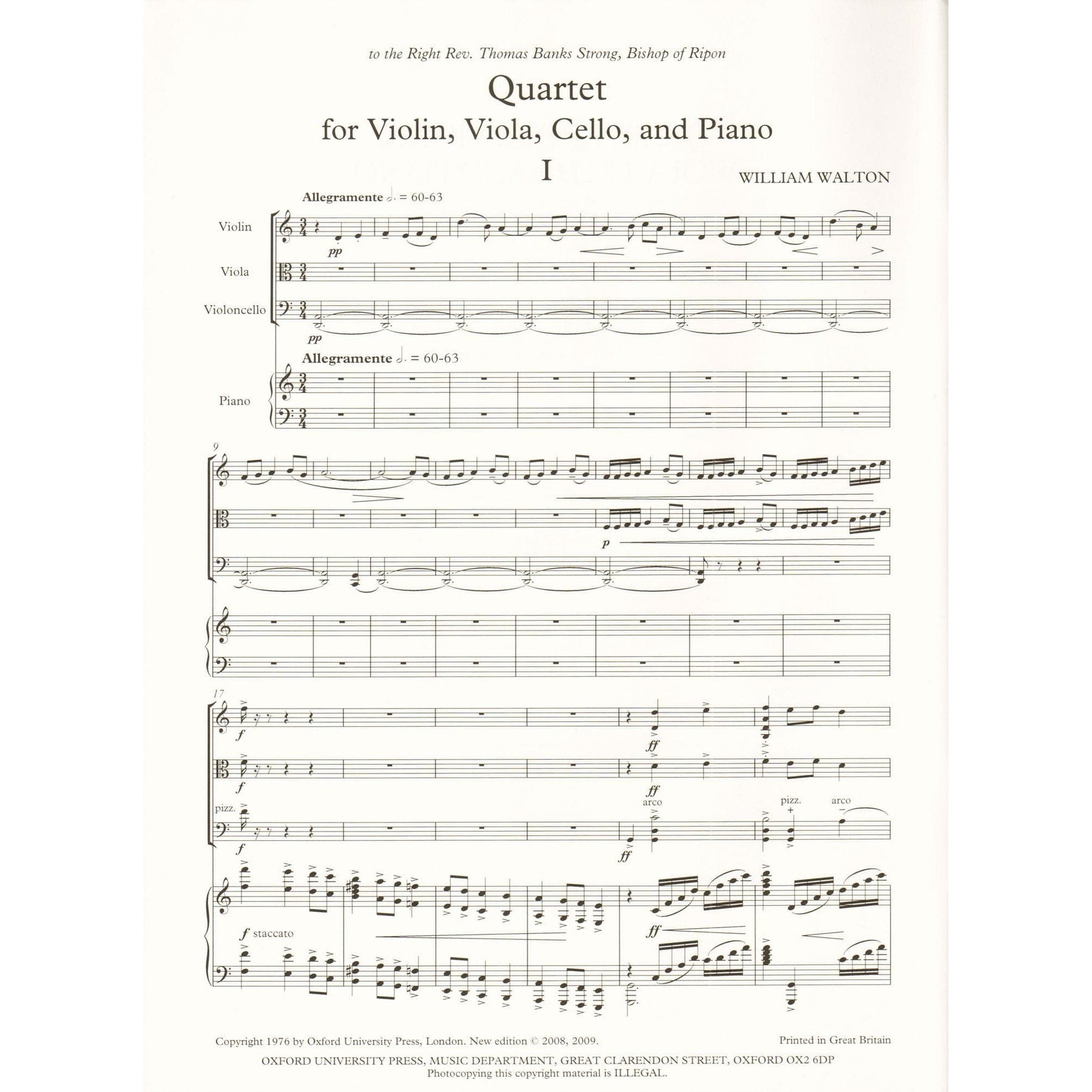 Walton, William - Quartet for Violin, Viola, Cello, and Piano - edited by Hugh MacDonald - Oxford University Press