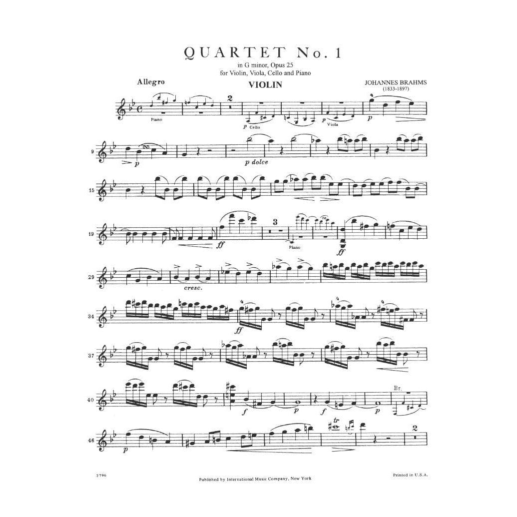 Brahms, Johannes - Piano Quartet No 1 in g minor Op 25 for Violin, Viola, Cello and Piano - International Edition