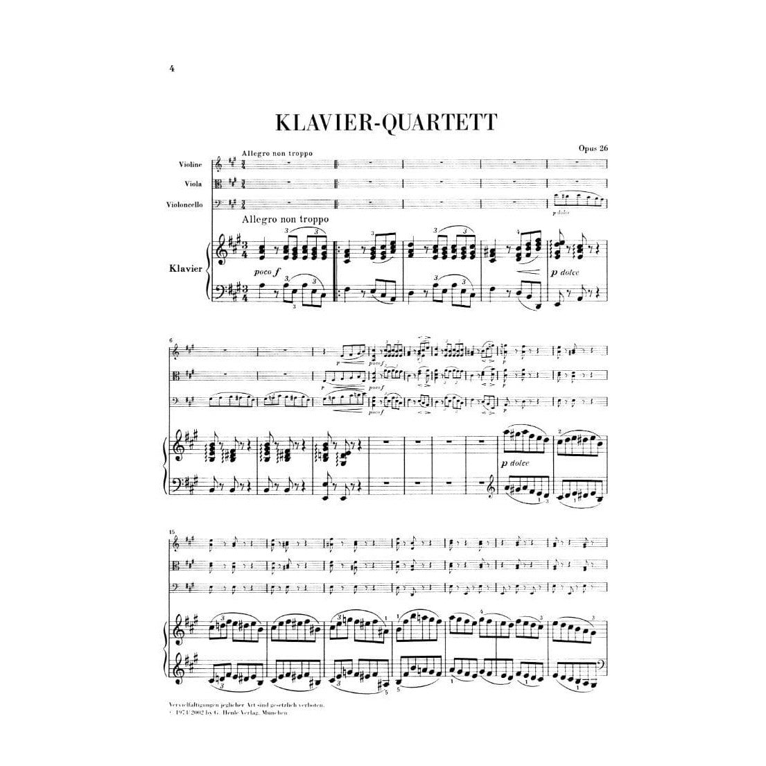 Brahms, Johannes - Piano Quartet No 2 in A Major Op 26 for Violin, Viola, Cello and Piano - Henle Verlag URTEXT Edition