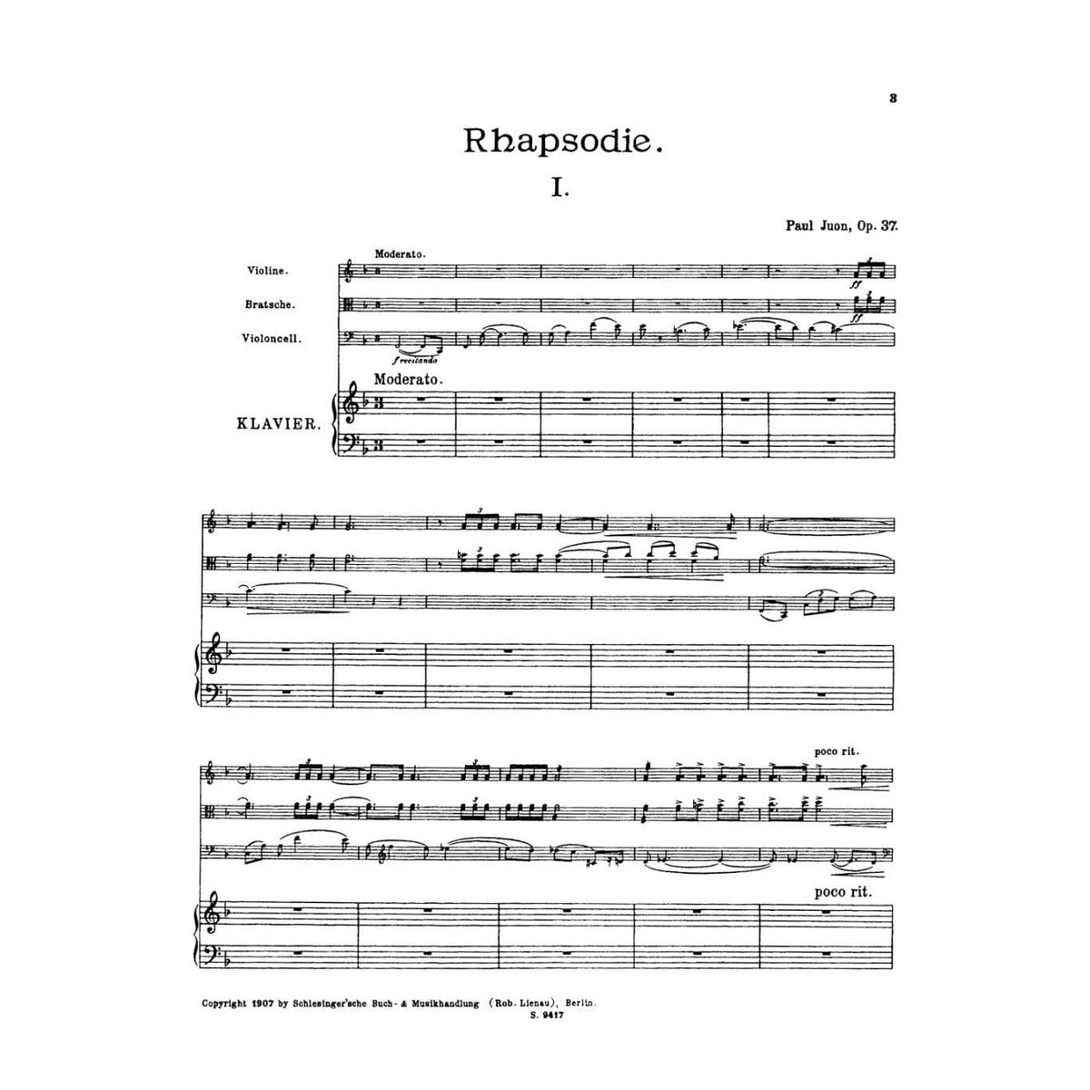 Juon, Paul - Rhapsodie, for Piano Quartet (Violin, Viola, Cello, and Piano) Reprint of the 1907 Schlesinger Edition Published by Lauren Publications
