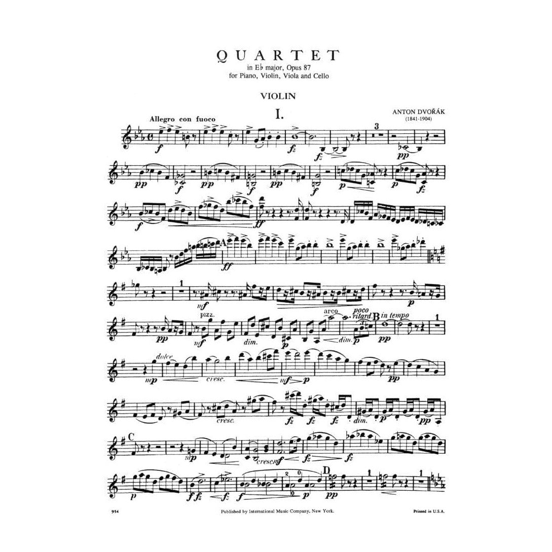 Dvorák, Antonín - Piano Quartet No 2 in E-flat Major, Op 87 - Violin, Viola, Cello, and Piano - parts only - International Edition