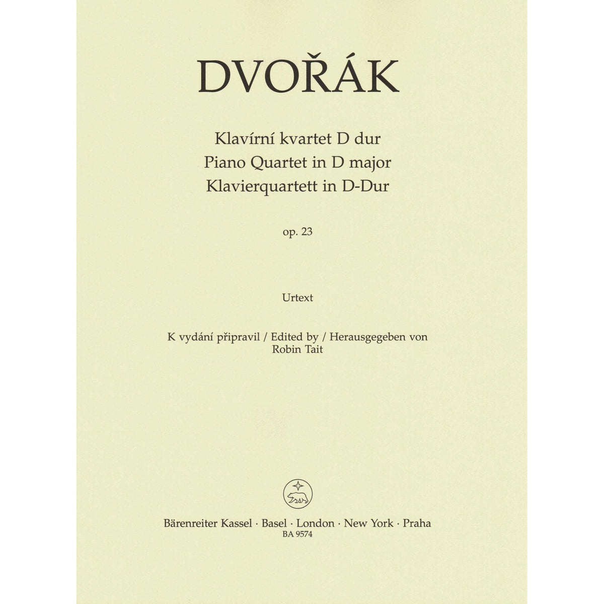 Dvorak, Antonin - Piano Quartet in D major, op. 23 - for Violin, Viola, Cello, and Piano - edited by Robin Tait - Barenreiter URTEXT