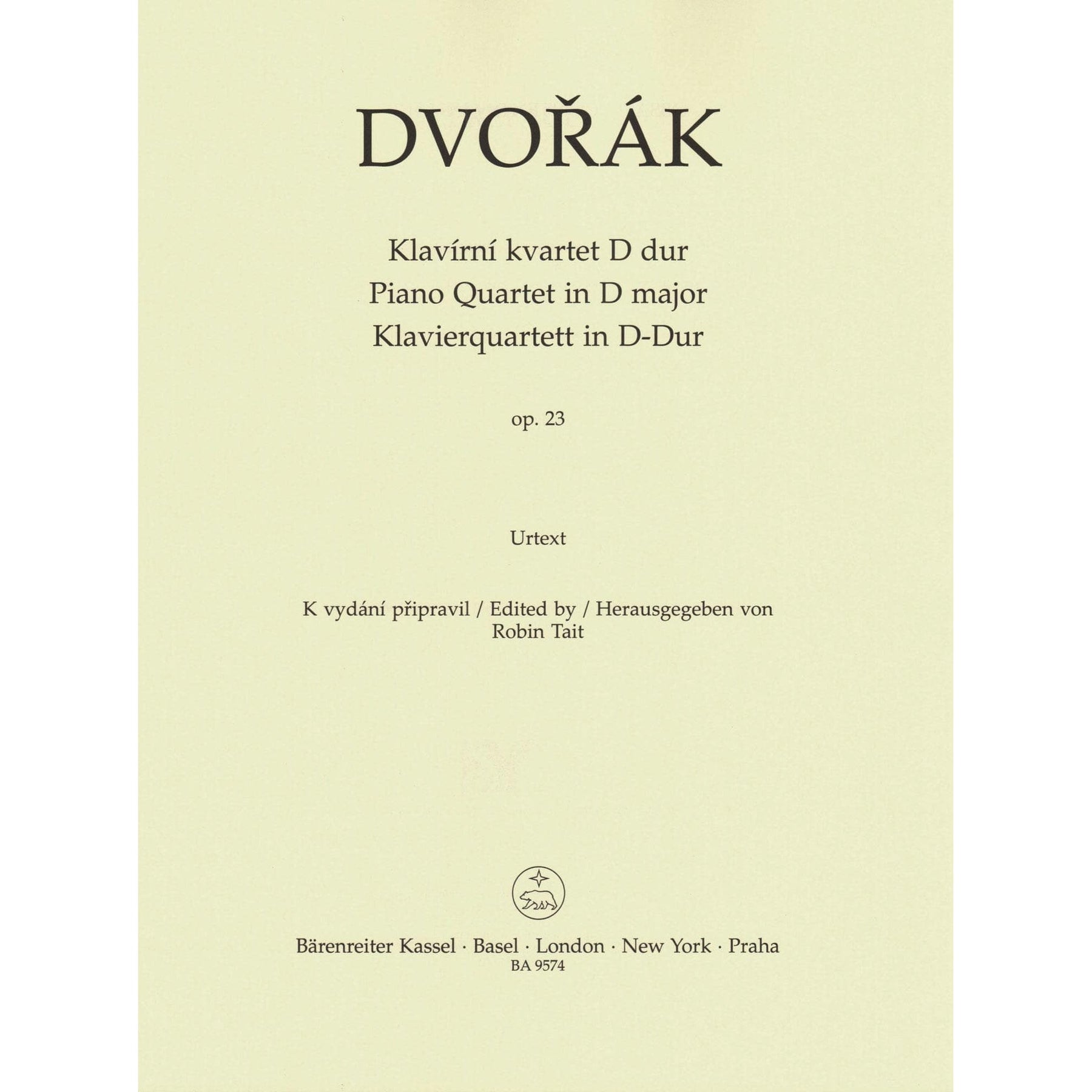 Dvorak, Antonin - Piano Quartet in D major, op. 23 - for Violin, Viola, Cello, and Piano - edited by Robin Tait - Barenreiter URTEXT