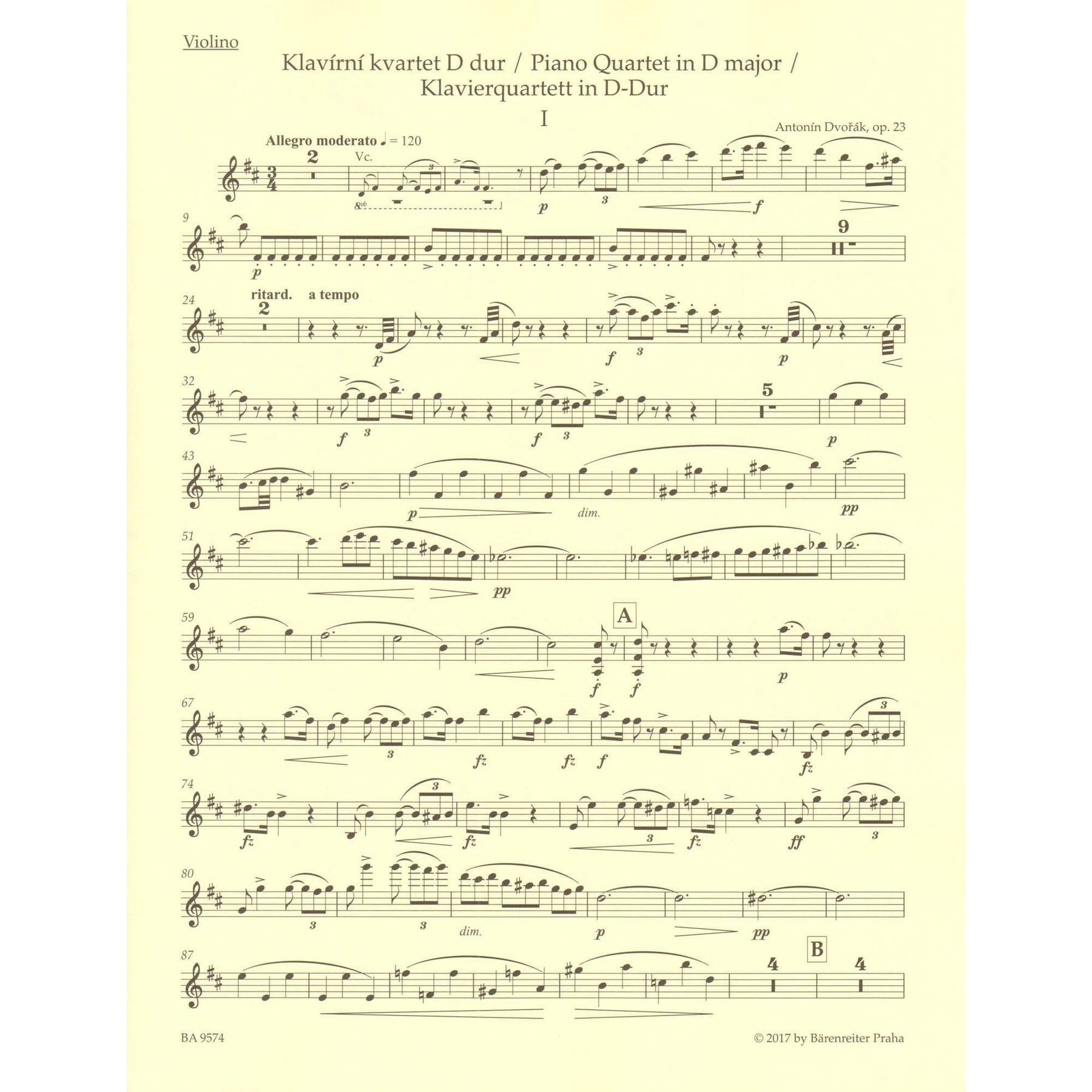 Dvorak, Antonin - Piano Quartet in D major, op. 23 - for Violin, Viola, Cello, and Piano - edited by Robin Tait - Barenreiter URTEXT
