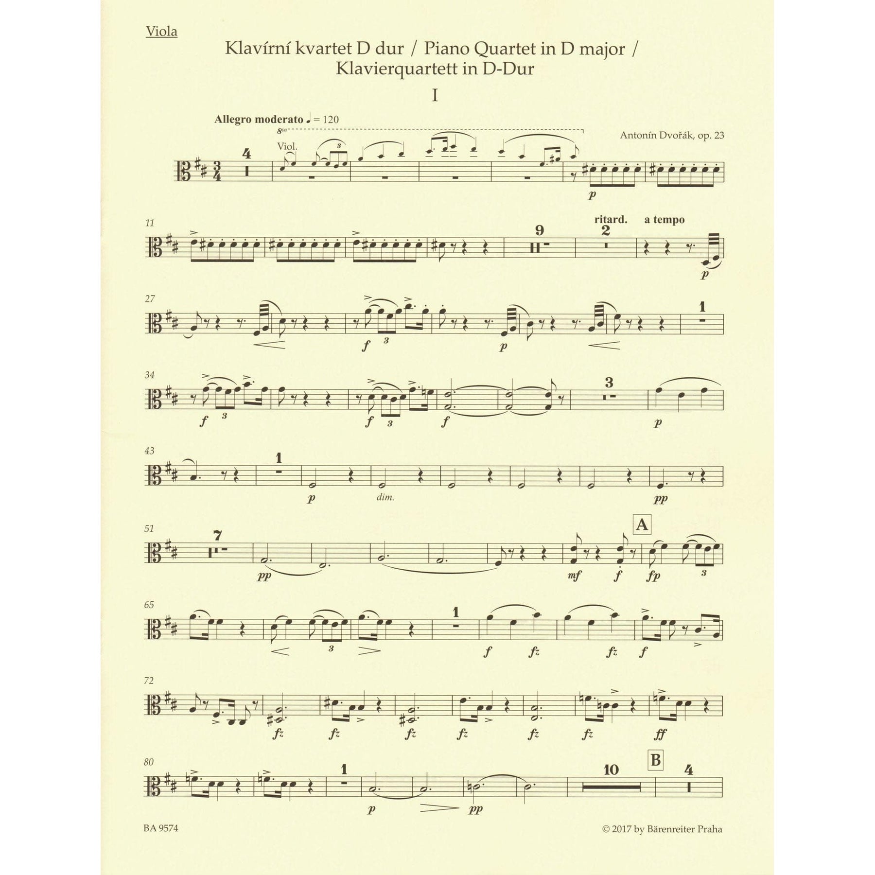 Dvorak, Antonin - Piano Quartet in D major, op. 23 - for Violin, Viola, Cello, and Piano - edited by Robin Tait - Barenreiter URTEXT