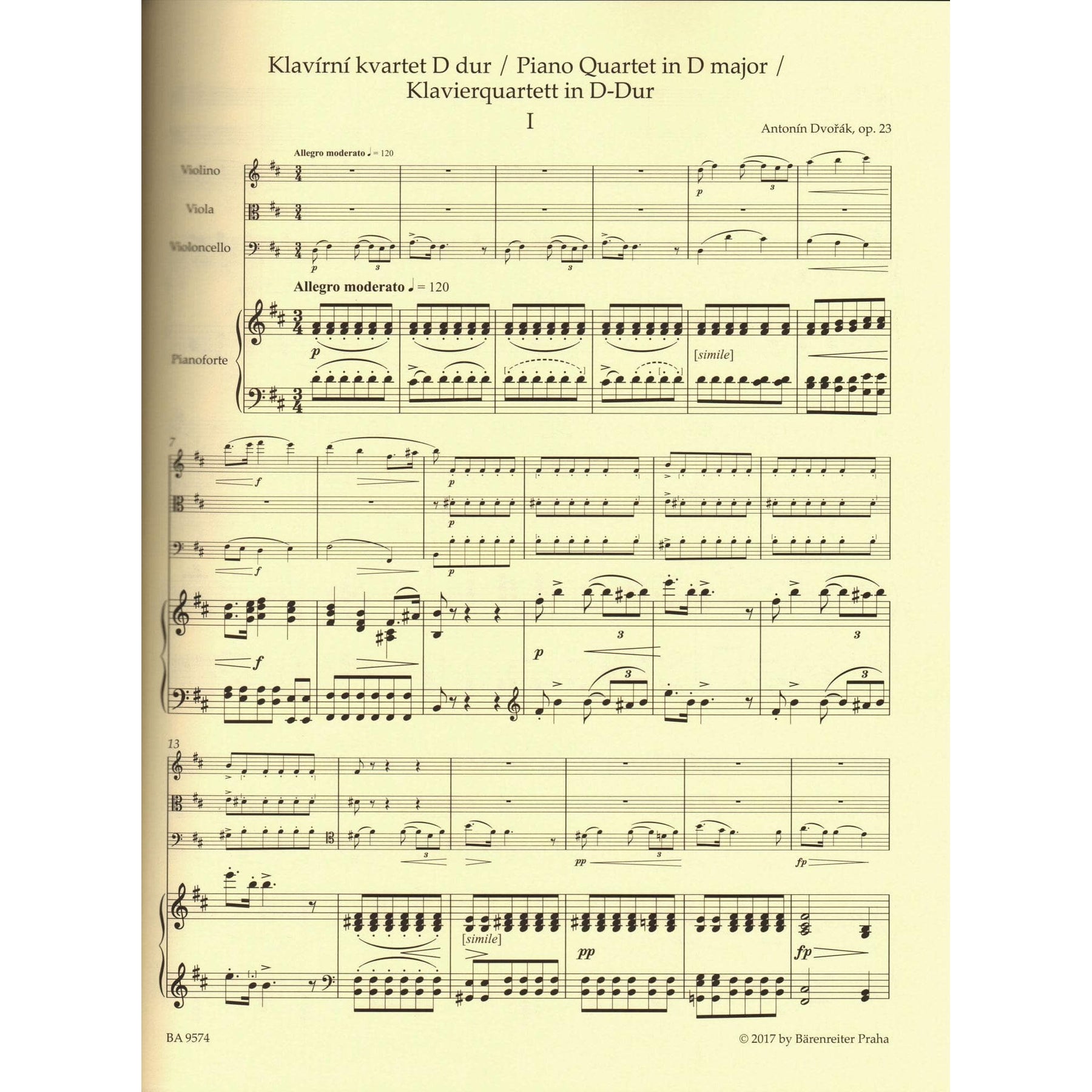 Dvorak, Antonin - Piano Quartet in D major, op. 23 - for Violin, Viola, Cello, and Piano - edited by Robin Tait - Barenreiter URTEXT