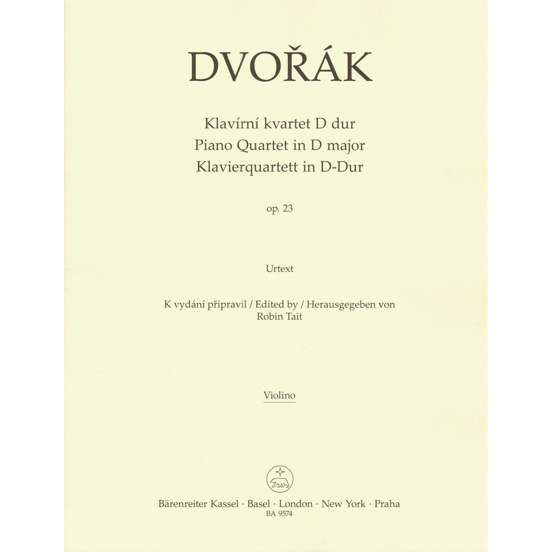 Dvorak, Antonin - Piano Quartet in D major, op. 23 - for Violin, Viola, Cello, and Piano - edited by Robin Tait - Barenreiter URTEXT