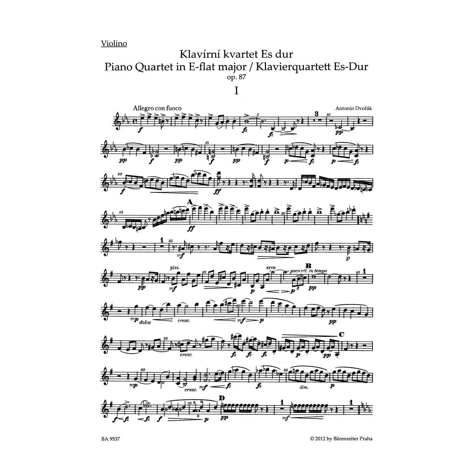 Dvorák, Antonin - Piano Quartet E-Flat Major, Op 87 - edited by Antonín Pokorný and Karel Solc - Bärenreiter