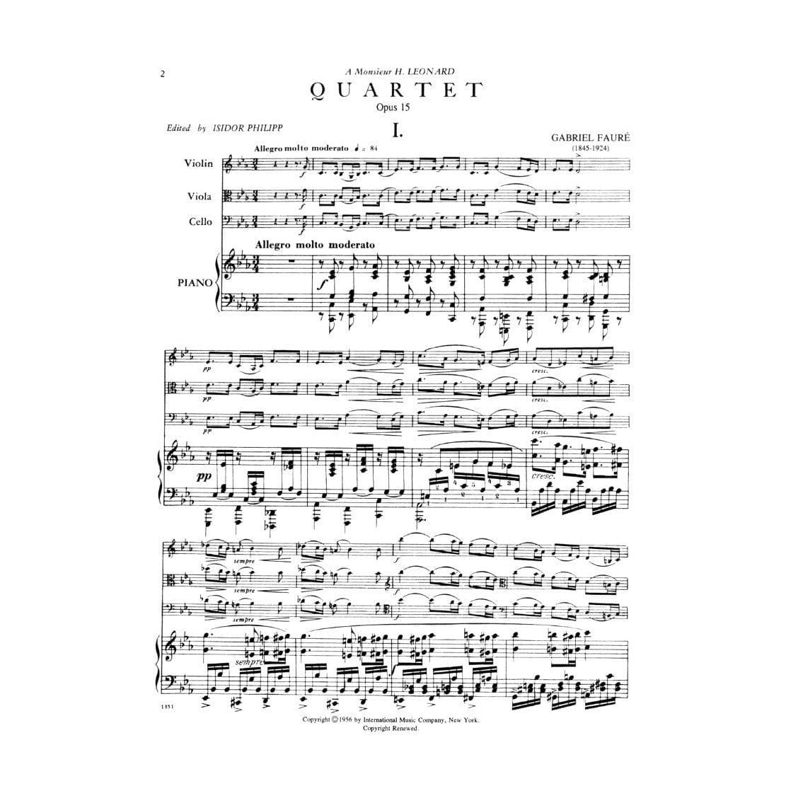 Fauré, Gabriel - Piano Quartet No 1 in c minor, Op 15 - Violin, Viola, Cello, and Piano - International Edition