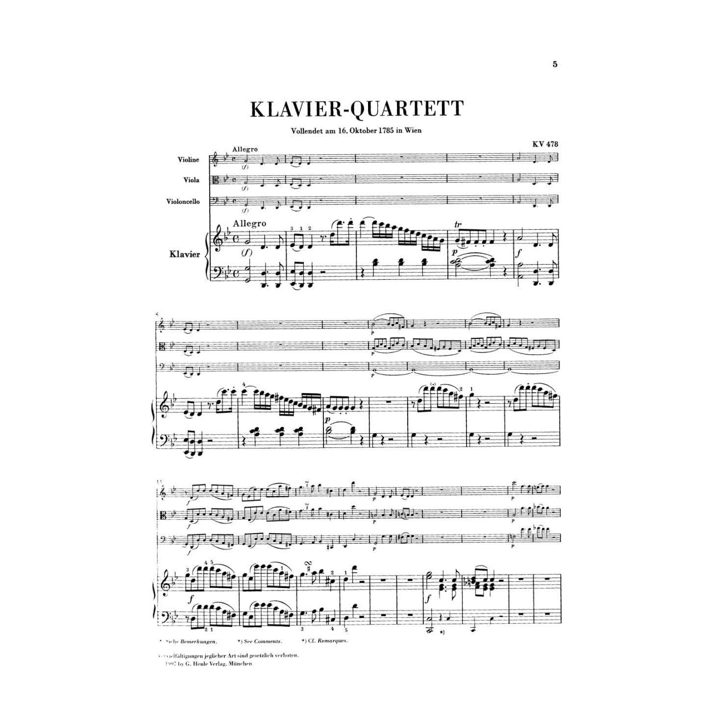 Mozart, WA - Piano Quartets, K 478 and 493 - Violin, Viola, Cello, and Piano - edited by Ernst Herttrich - G Henle Verlag URTEXT